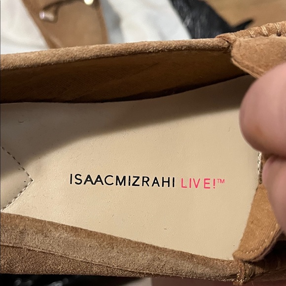 Isaac Mizrahi Tan Suede Loafers with Gold Bow Accent - Picture 2 of 9